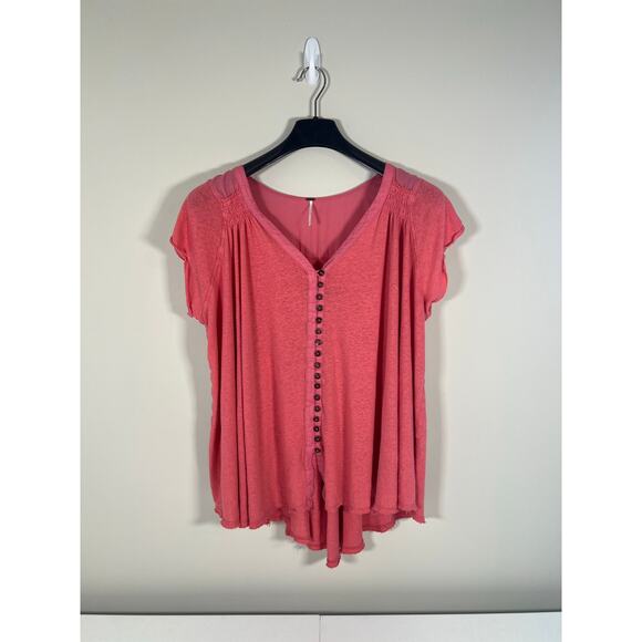 Free People Oversized Short Sleeve Button Front High Low Boho Blouse Size Medium - Picture 6 of 11